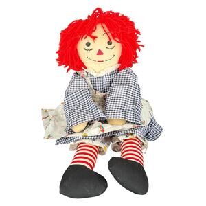 Vintage 24 Inch Raggedy Ann Cloth Doll Handmade Red Yarn Hair Striped Legs Dress